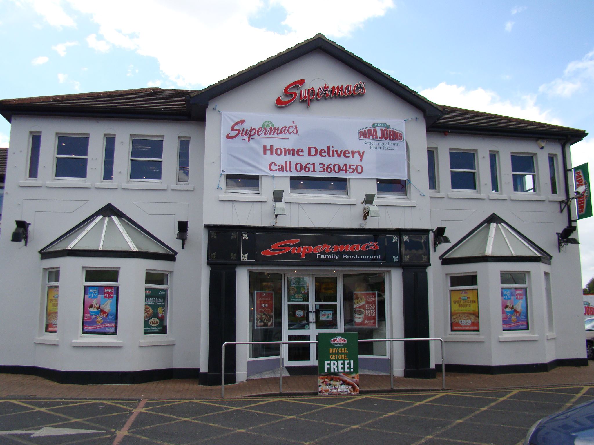Exterior of Supermac’s Shannon at Skycourt Shopping Centre with Papa John’s branding