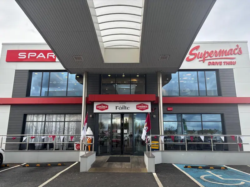 Exterior view of Supermac's Loughrea Service Station with signage for Supermac's, Spar and the Loughrea Service Station clearly visible