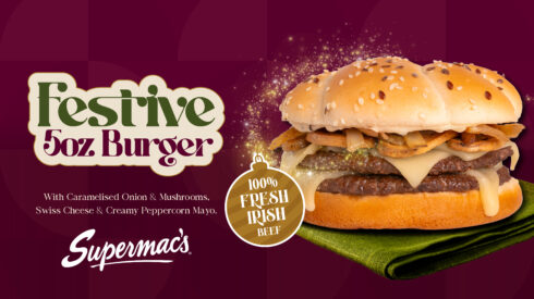 Festive 5oz Burger from Supermac’s with caramelised onion, mushrooms, Swiss cheese, and creamy peppercorn mayo.