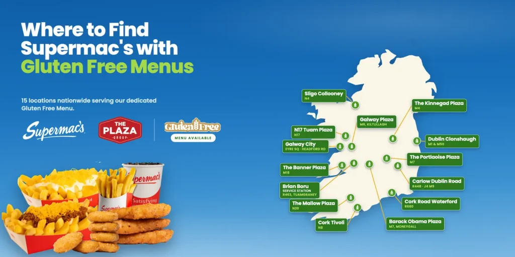 Map of all Supermac's locations in Ireland that have the Supermac's Gluten Free Menu available