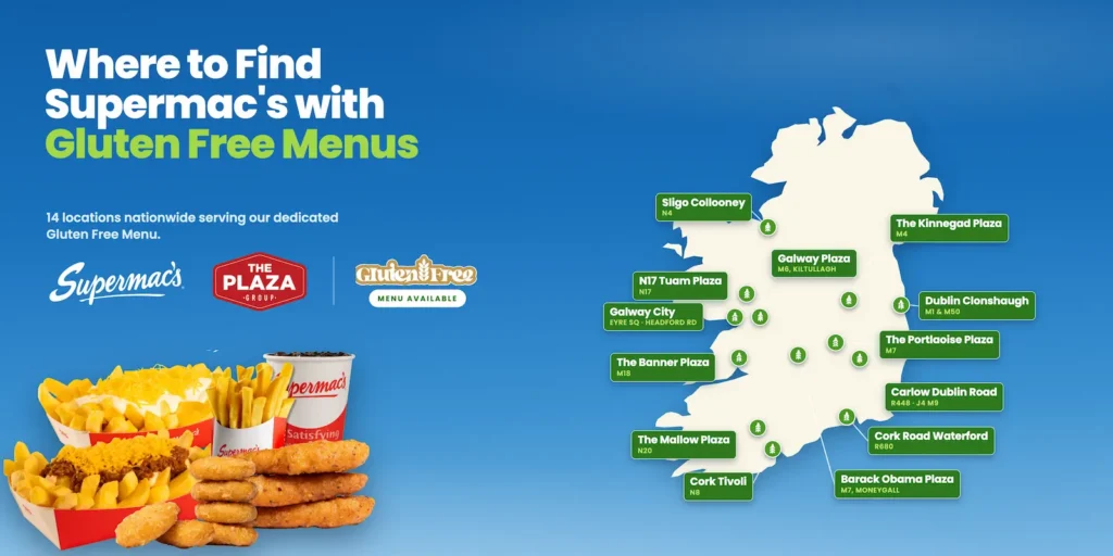 Map of all Supermac's locations in Ireland that have the Supermac's Gluten Free Menu available