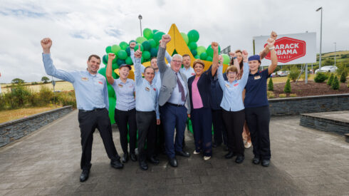 Celebrating the fact that the winning lottery ticket was purchased at the Barack Obama Plaza in Moneygall Offaly located just off Junction 23 on the M7 Motorway from Limerick to Dublin